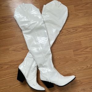 White Thigh High Croc Western Boots